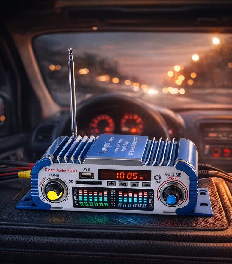 Auto audio pastiprinātājs 200W ar FM radio, USB, SD un tālvadību